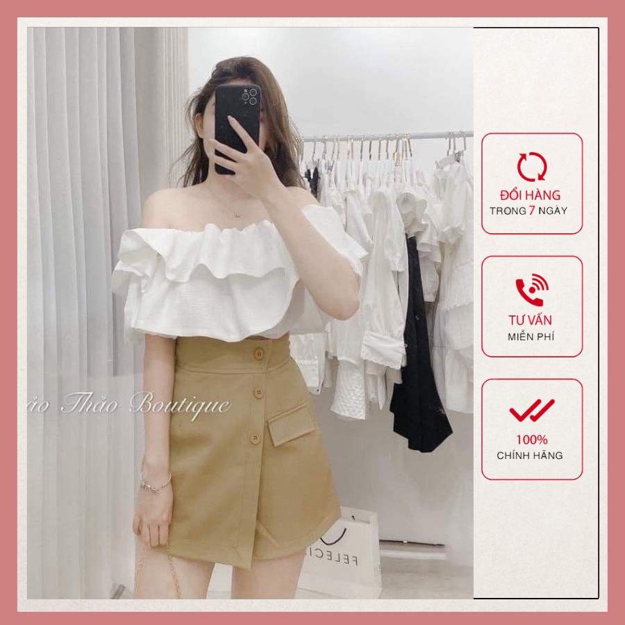 Áo croptop trễ vai 2 tầng cộc tay bồng bánh bèo, áo trắng trần xinh xắn
