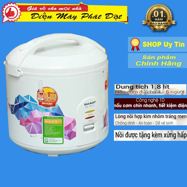 Nồi cơm điện sharp 1.8 lít ks-18tjv và sharp 1.8 lít ks-183tjv-ch hàng chính hãng 100% loại nồi: nồi cơm nắp gài dung tích: 1.8 lít, số người ăn 4 - 6 người công suất: 700 w lòng nồi dày