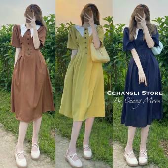 Đầm tiểu thư đính nút phong cách cổ điển Pháp đầm lụa retro đầm vintgae cổ V đầm maxi đính nút mặc đi chơi váy suông dài đi biển đầm basic nhiều màu