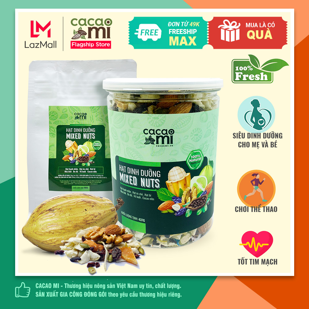 Hạt dinh dưỡng cacao nibs mix trái cây sấy CACAOMI Mixed Nuts đồ ăn vặt cao cấp, hỗ trợ giảm cân, ăn chay, ăn kiêng KETO, Eat Clean [100g - 437g]