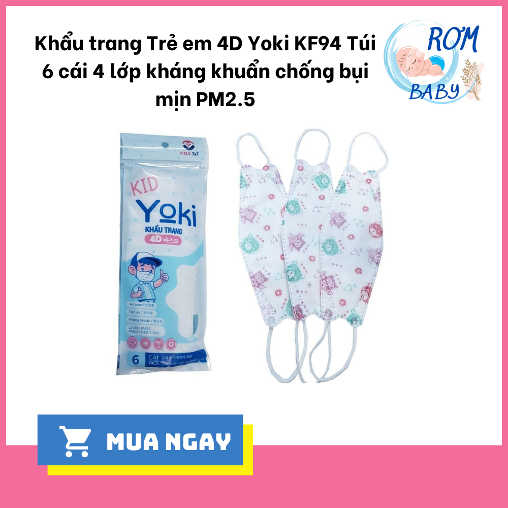 Khẩu trang trẻ em 4d yoki kf94 túi 6 cái 4 lớp kháng khuẩn chống bụi mịn pm2.5