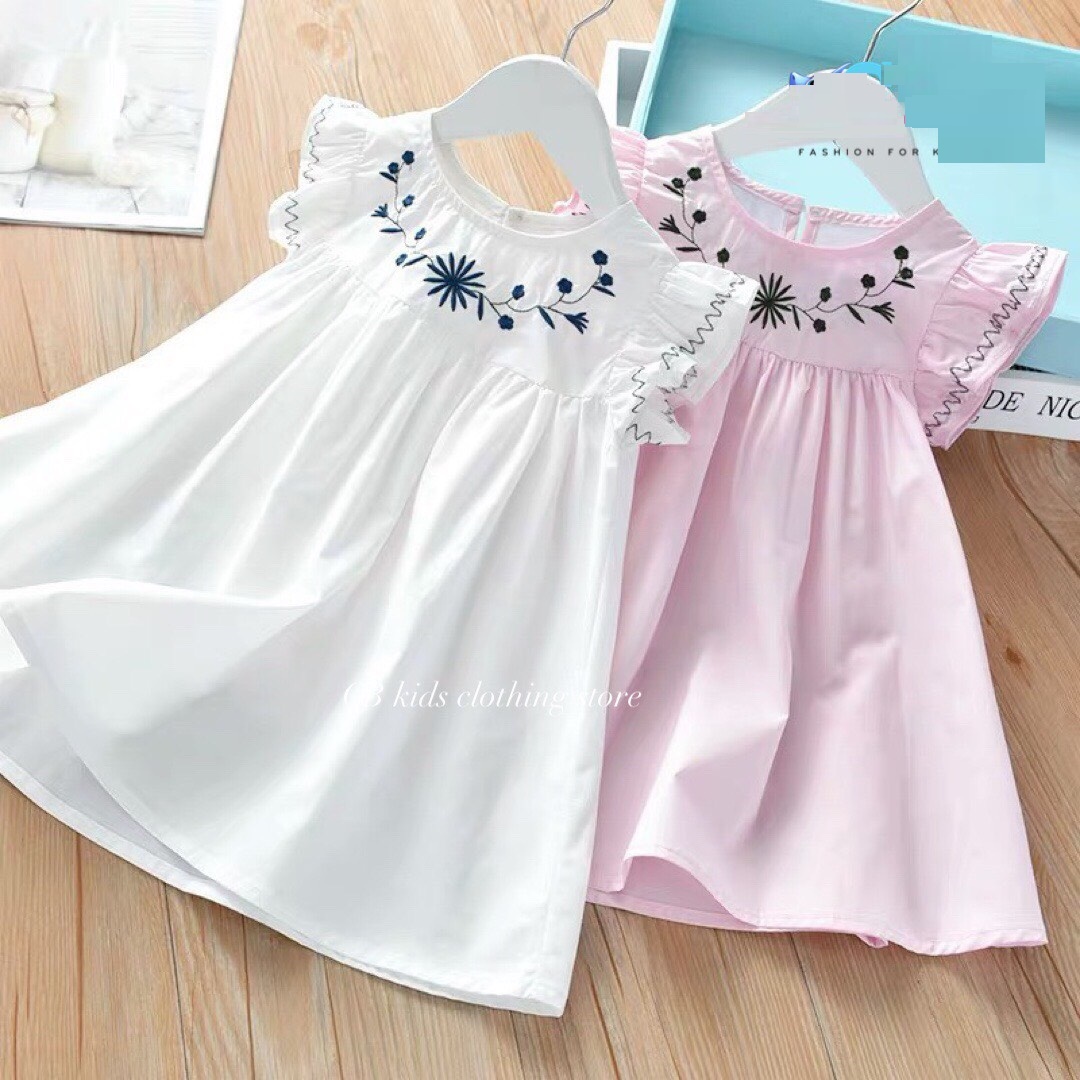 Đầm bé gái babydoll thêu hoa leo tay cánh tiên 2 mầu Trắng và Hồng XHN917