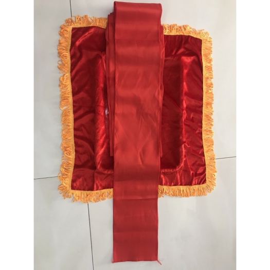 ┇ Khăn trải mâm Khăn phủ đỏ (khăn nhung đỏ tua rua vàng phủ khay) cắt băng khánh thành