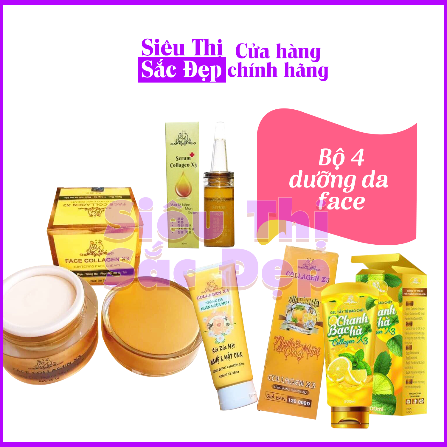 Bộ 4 dưỡng da mặt gồm: Serum collagen x3, tẩy tế bào chết chanh x3, sữa rửa mặt collagen x3 và kem face collagen x3 (Chính hãng)