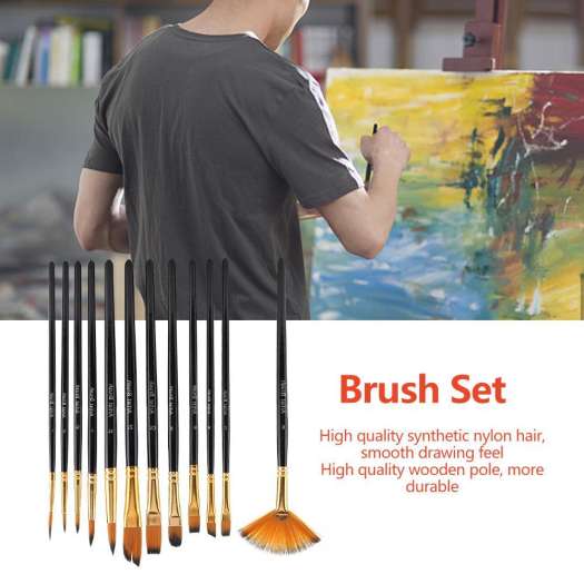 Bộ 12 Cây Cọ Vẽ Màu Nước Brush Kit, Sơn Dầu - Tóc Nylon Tổng Hợp Chất Lượng Cao, Cảm Giác Vẽ Mượt Mà