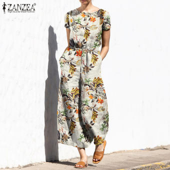 ZANZEA Bộ Áo Liền Quần Hoa Ngắn Tay Cho Nữ Quần Dài Ống Rộng Bohemian Thường Ngày Bộ Đồ Liền Thân