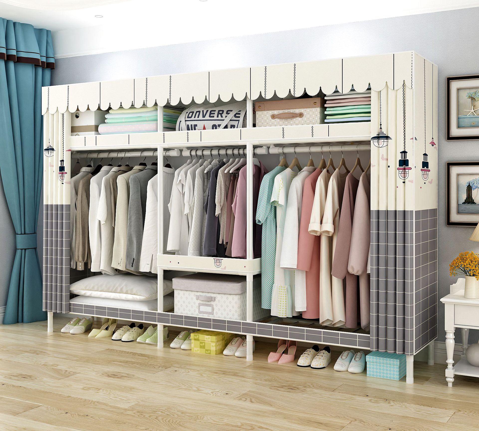 Tủ vải khung gỗ 3 buồng 7 ngăn tủ kệ đựng quần áo khung gỗ cỡ lớn loại 1