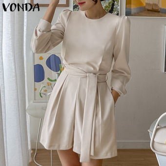 VONDA Áo Liền Quần Dài Tay Ngắn Cổ Tròn Cho Nữ Kèm Thắt Lưng (Thường Ngày Hàn Quốc)