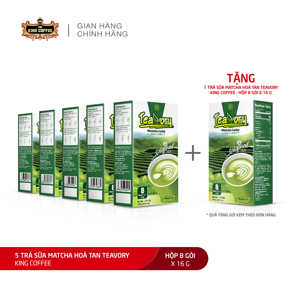 Combo 5 trà sữa matcha hòa tan teavory king coffee - hộp 8 gói x 16g + tặng 1 hộp cùng loại