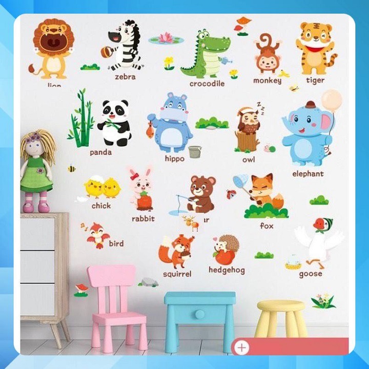 Decal dán tường hình thú kèm tiếng anh mới