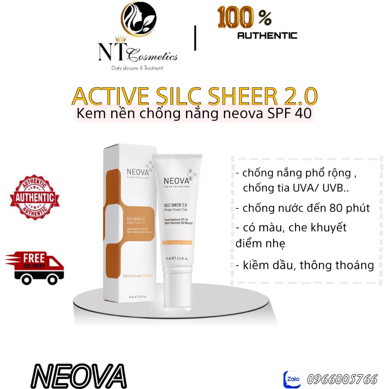 Kem chống nắng neova silc sheer 2.0 photo finish tint spf40 - 74ml