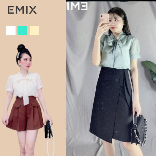 Áo Sơ Mi Công Sở Cổ Nơ 2 Lớp EMIX