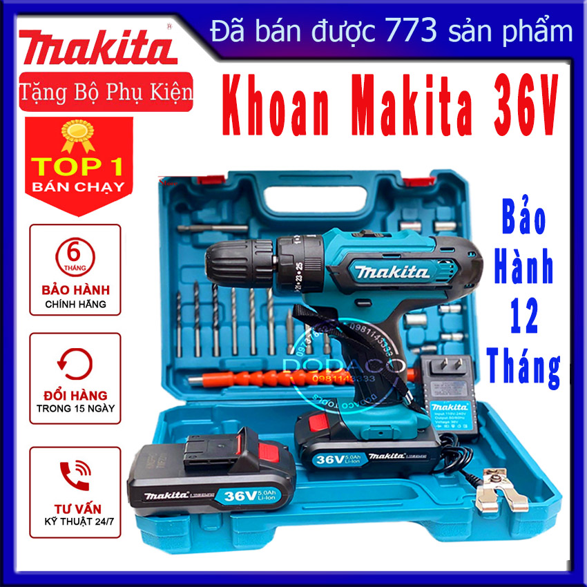 Máy khoan pin 36v makita 3 chức năng có búa - tặng kèm 24 chi tiết gồm các mũi khoan + mũi bắt vít + 2 pin