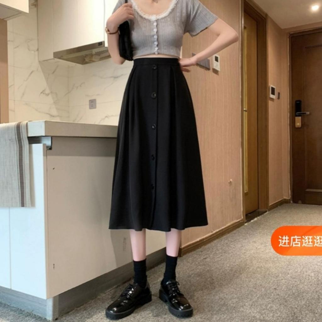 [Free Ship] Chân Váy Dài Midi Dáng Chữ A Xòe Phối 5 Nút Giữa Siêu Đẹp Hàng Thiết Kế Chuẩn Phom Lưng Cao Che Khuyết Điểm Mặc Đi Học Đi Làm Đi Chơi được