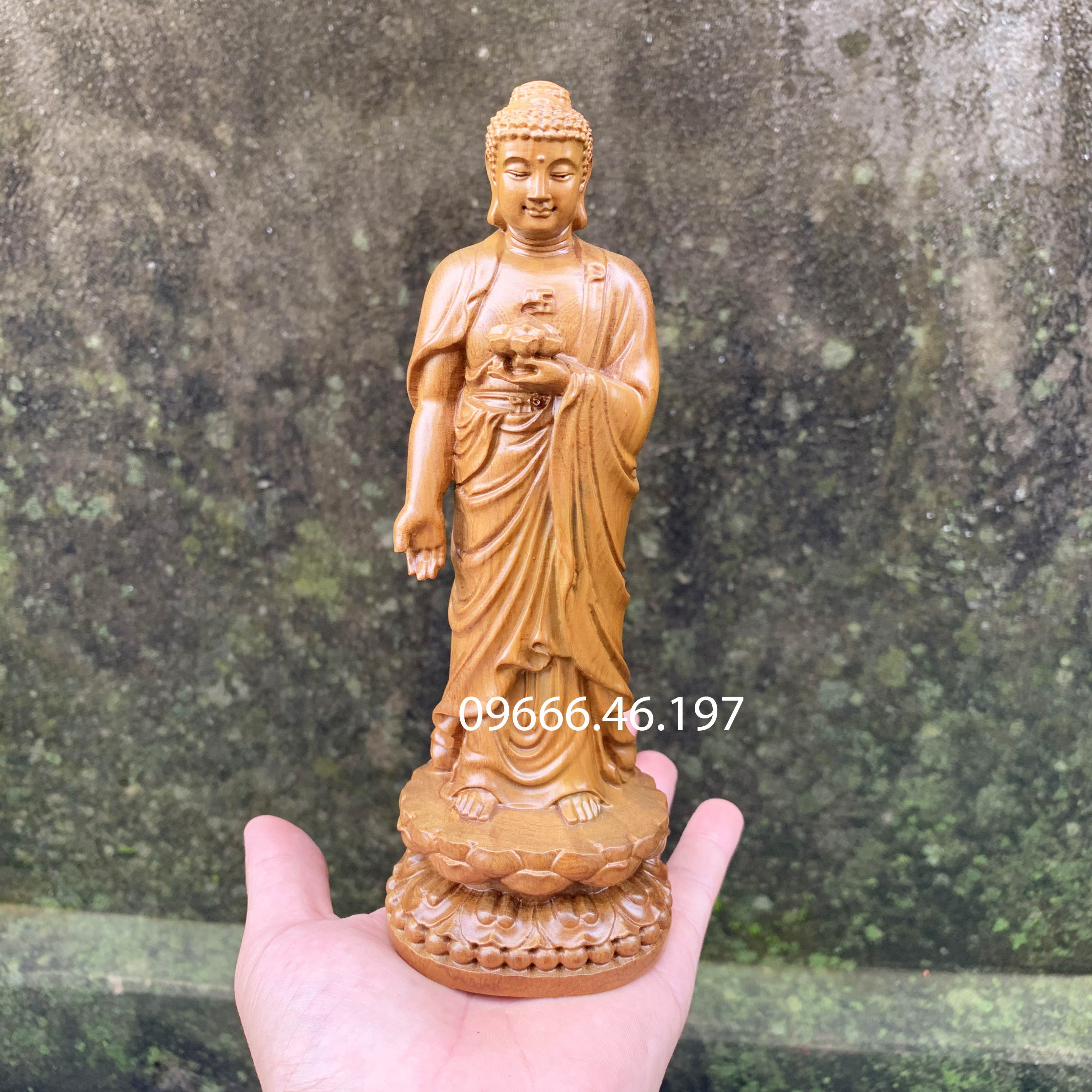 Tượng phật a di đà cao 20cm chất liệu gỗ bách xanh liền khối