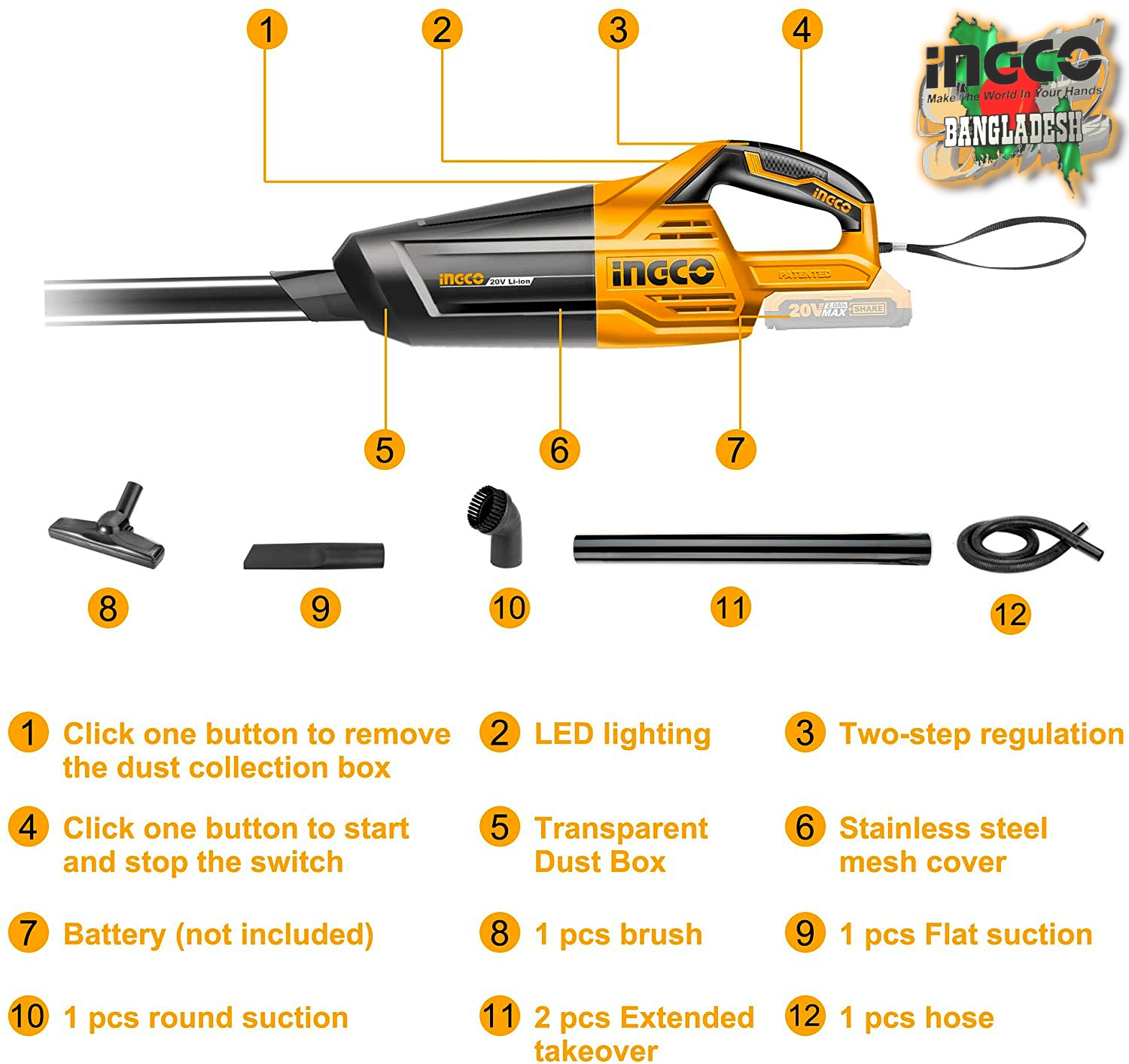 Lithium-ion Vacuum Cleaner 20v Ingco cvli2001 3 Lithium-ion Vacuum Cleaner 20v Ingco cvli2001