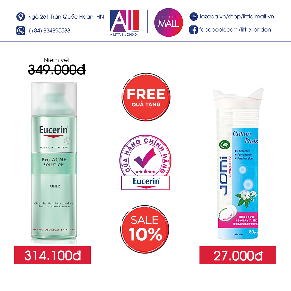 Nước cân bằng dành cho da mụn Eucerin proacne toner 200ml TẶNG bông tẩy trang Jomi