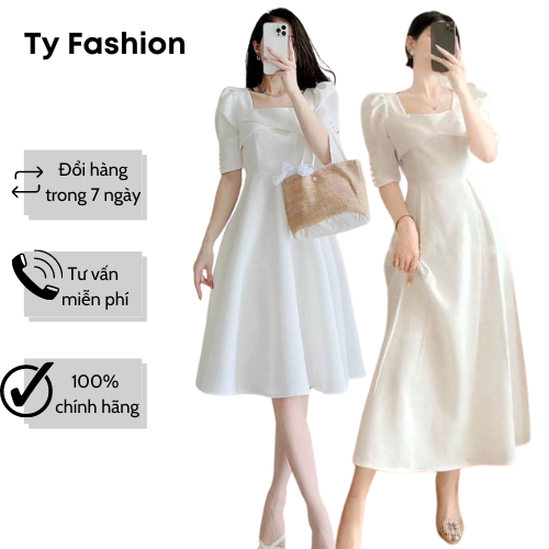 Đầm Trắng Tiểu Thư Tyfashion Xòe Cổ Vuông Tay Đính Ngọc Xinh Xắn