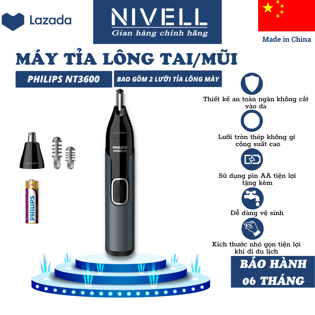 Máy cắt tỉa lông mũi lông tai Philips NT3600 chính hãng nội địa Nhật, đa năng cầm tay thông minh dành cho nam nữ, công suất cao, dễ vệ sinh, màu đen, bảo hành toàn quốc