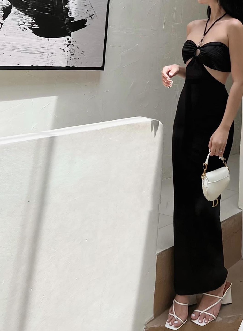 Đầm body thun xốp dáng dài khoét eo có mút ngực oanh