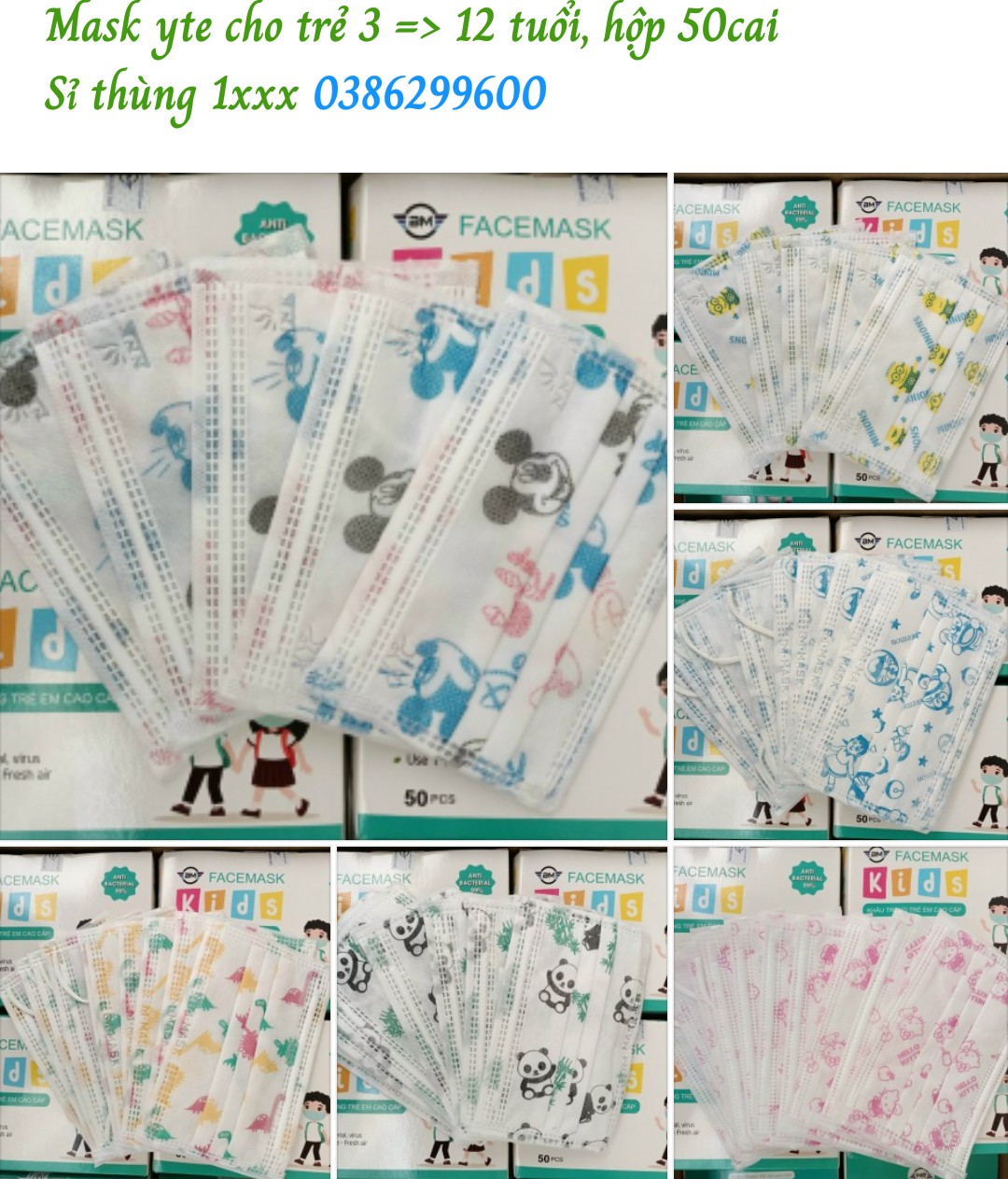 Mask trẻ em 3 => 12 tuổi  hộp 50 cái. Mix hình ngẫu nhiên. Anticovid cho bé yêu đến trường