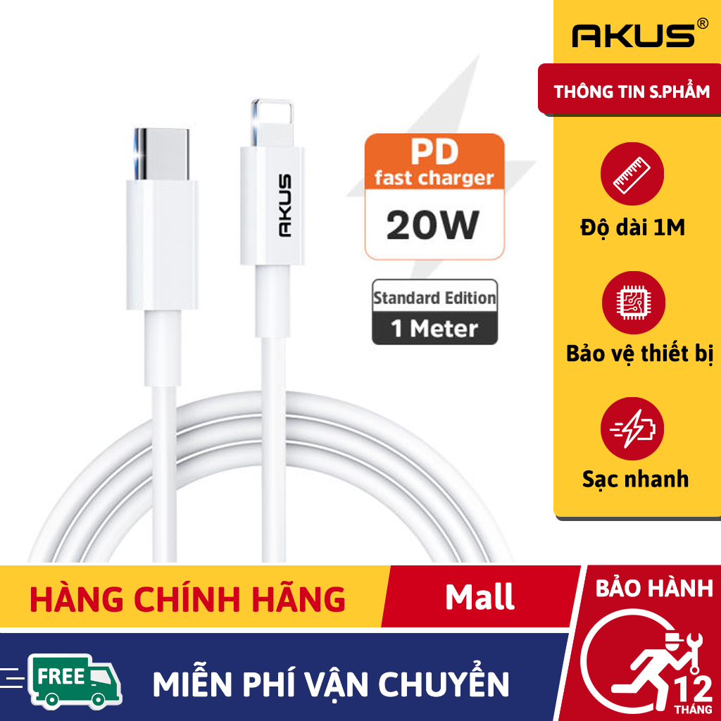 Dây sạc nhanh iphone 20w chính hãng Akus PD105 cáp type c to lightning - Hàng chính hãng - Bảo hành 12 tháng