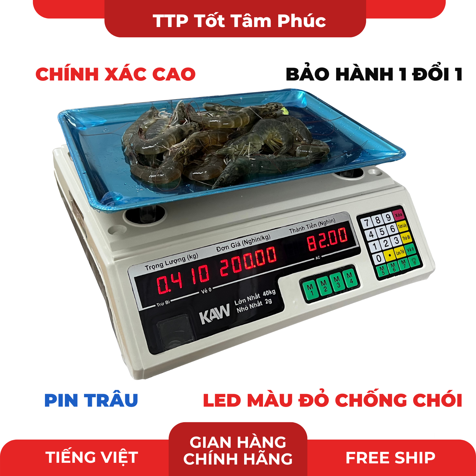 Cân Điện Tử 40Kg - Cân điện tử 40KG tính tiền tự động , Chinh xác cao, Pin Trâu, Đa chức năng, LED chống chói, sử dụng đơn giản, dễ dàng - Hiển thị Tiếng Việt, BH 12 tháng.