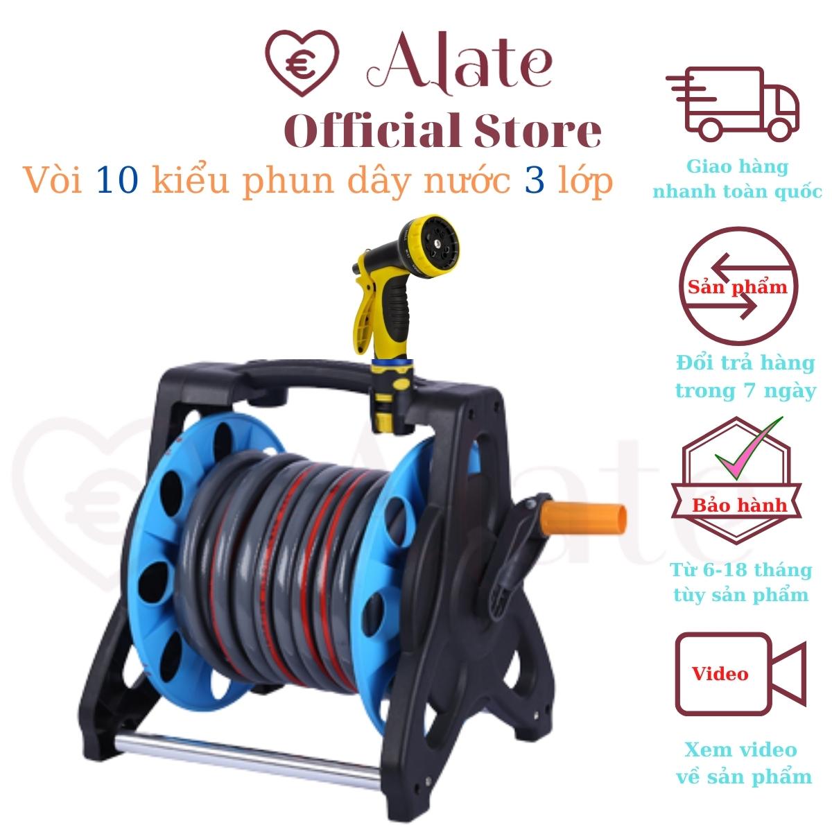 Vòi tưới nước 10 tia, dây ống nước 3 lớp dài từ 10 đến 40 mét đủ khớp, cút nối nhanh, khung rulo cuộn dây gắn sài Alate Store