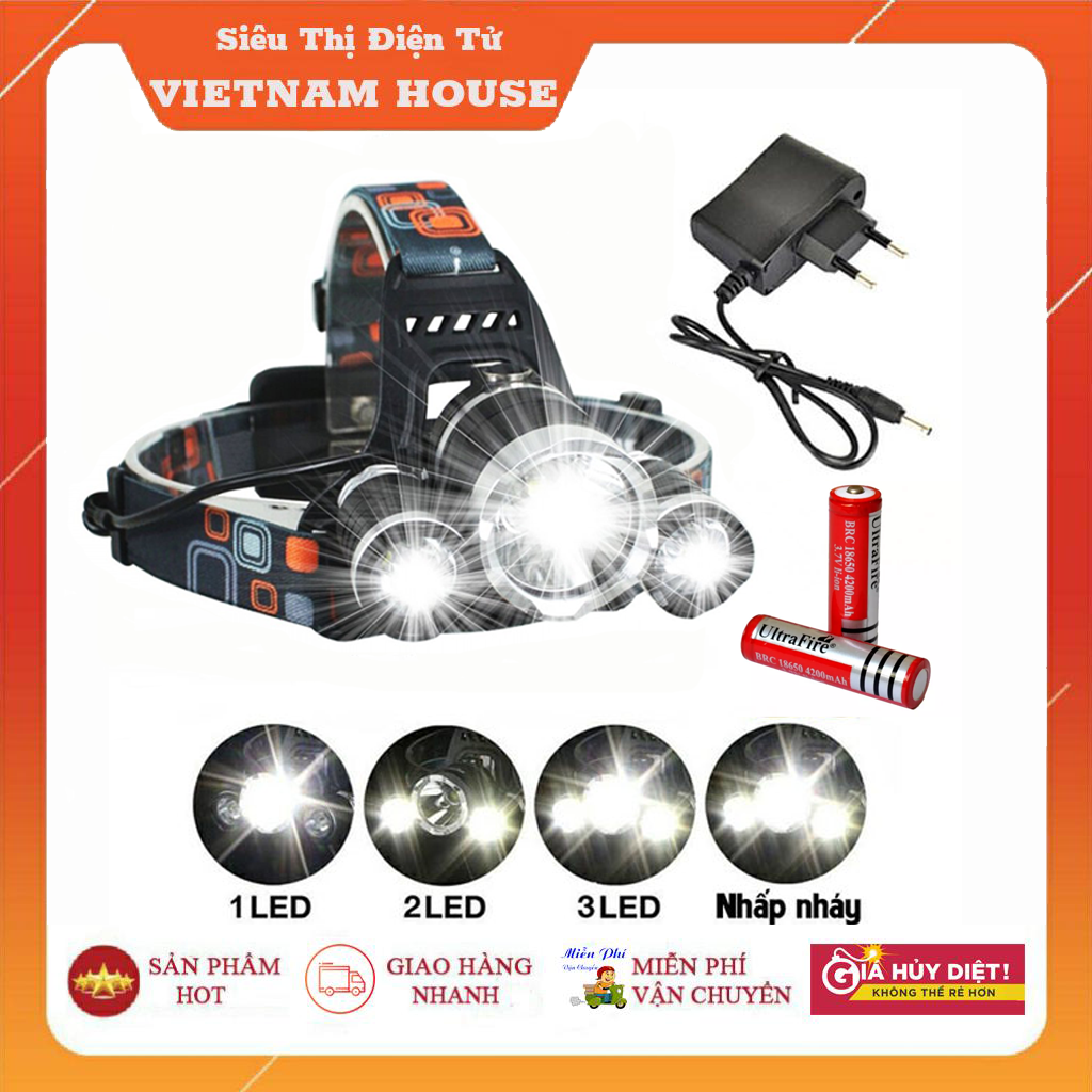 🔴Loại 1 || Đèn Pin Đội Đầu Headlight 3 Bóng Trắng Siêu Sáng - Tặng Kèm 2 Pin, Đèn Đội Đầu 3 Bóng T6 Có Bảo Hành.