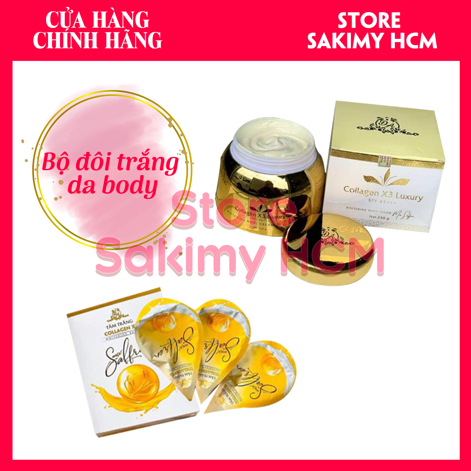 Combo kem body collagen X3 LUXURY và tắm trắng collagen X3 mix saffron dưỡng trắng da