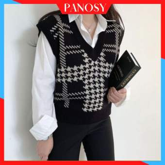 Áo gile len nữ áo gile phối màu đen trắng họa tiết trẻ trung xinh xắn PANOSY - A106