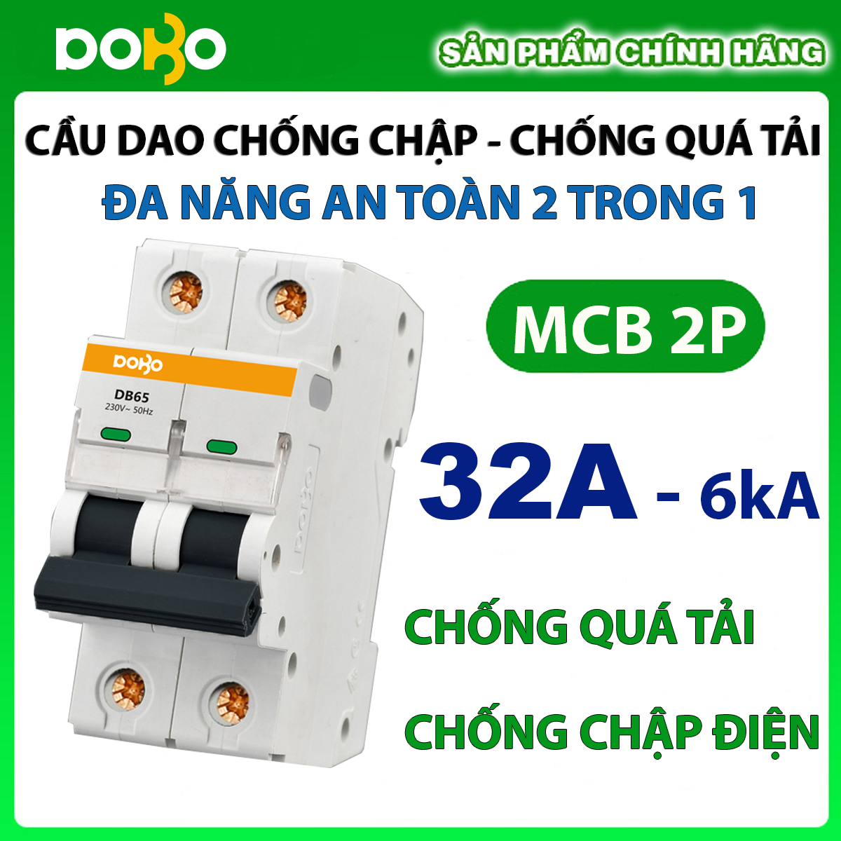 [HÀNG CHÍNH HÃNG]  Cầu Dao Tự Động MCB DOBO KOREA 2P 32A 6kA Loại Tốt CHỐNG CHẬP - CHỐNG QUÁ TẢI SIÊU NHẠY ( Aptomat chống chập)