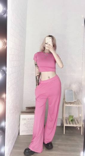 Set bộ thun lụa áo croptop tay ngắn quần ống rộng suông dài xinh