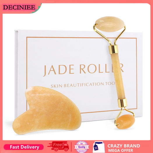 Con Lăn Ngọc Bích Màu Vàng Chính Hãng 100% Con Lăn Mát Xa Mặt Hai Đầu Bảng Guasha, Dụng Cụ Làm Đẹp Đá Ngọc Bích Tự Nhiên Nâng Mặt Lưng Cằm Cổ Mỏng Có Hộp