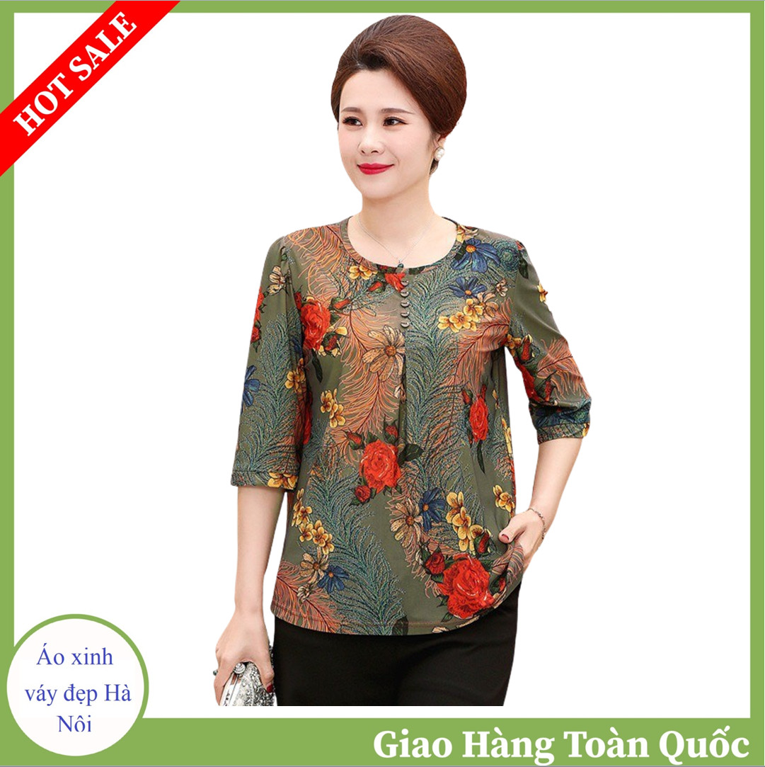 Áo trung niên hoạ tiết, chất liệu thun lạnh co giãn, thoáng mát, kiểu dáng chữ A che khuyết điểm