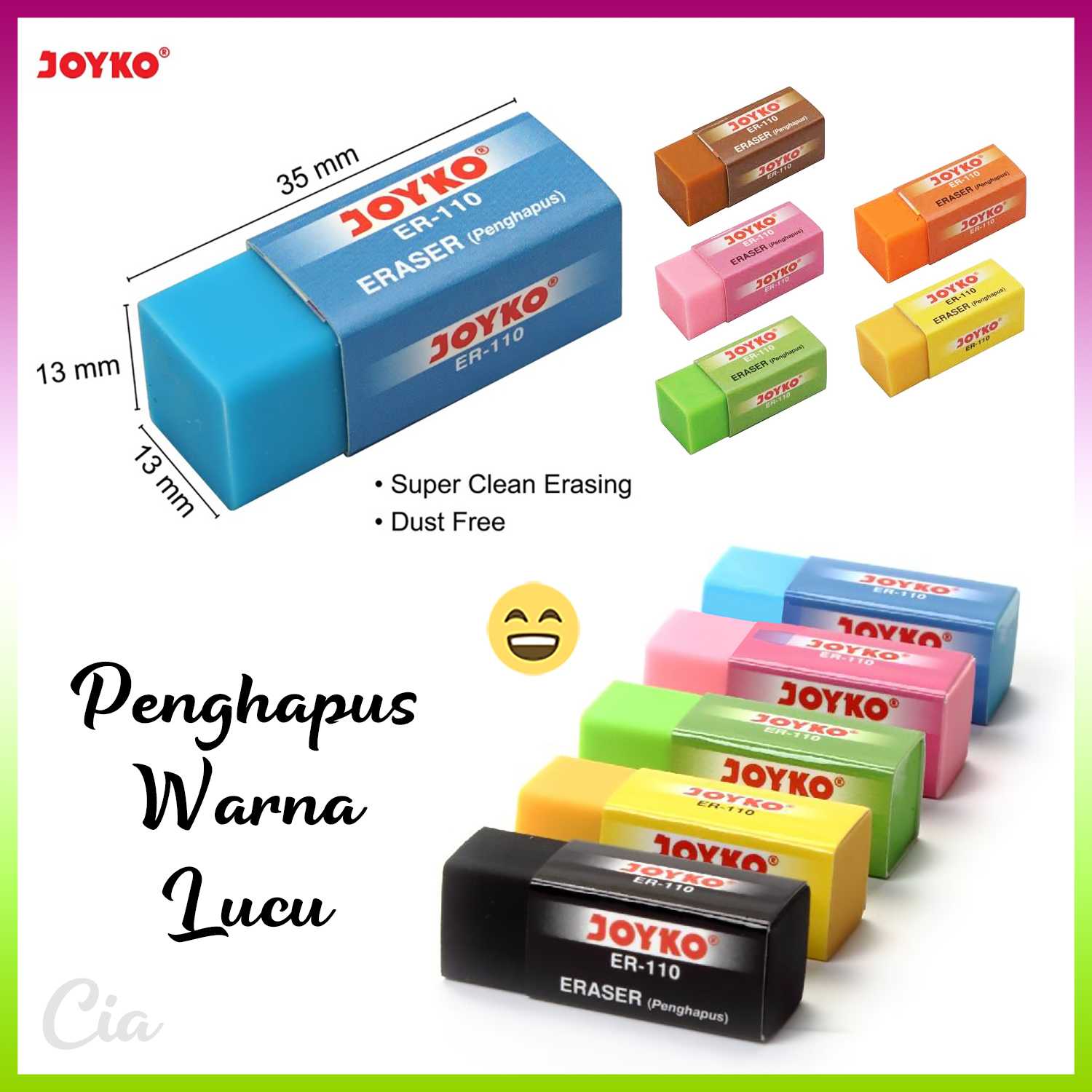 Penghapus Isi 8 PCS Warna Lucu Hapusan Eraser Joyko Pink Biru Hijau Kuning Orange Oren Coklat Ungu Hitam Putih