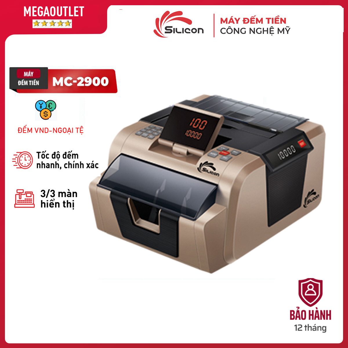 Máy đếm tiền cao cấp nhập khẩu silicon mc-2900, tốc độ đếm ≥1000 tờ/phút, đếm chia mẻ, ấn định số tờ, đếm vnd, ngoại tệ- 3 màn hình- bảo hành 1 năm