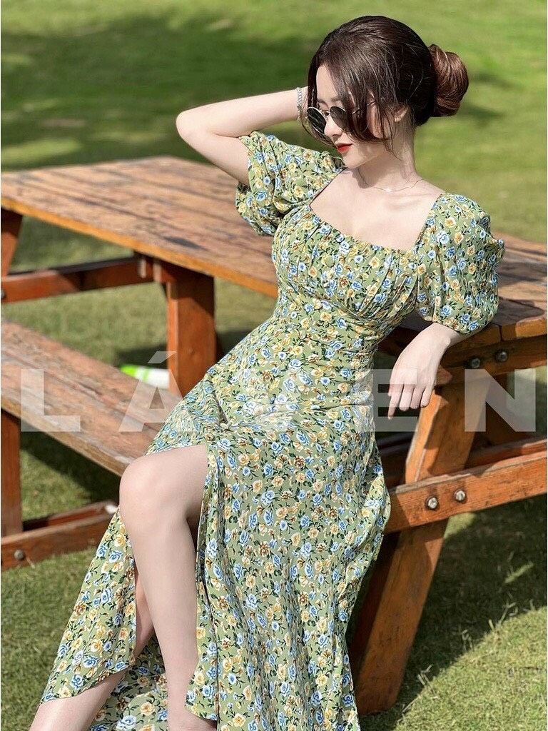 [ Voucher 50k Freeship Max 0 đồng toàn quốc ] Đầm maxi hao nhí cổ vuông, đầm vintage màu xanh tay phồng, váy maxi hoa xẻ tà phong cách Hàn Quốc, váy dài xẻ tà đi biển