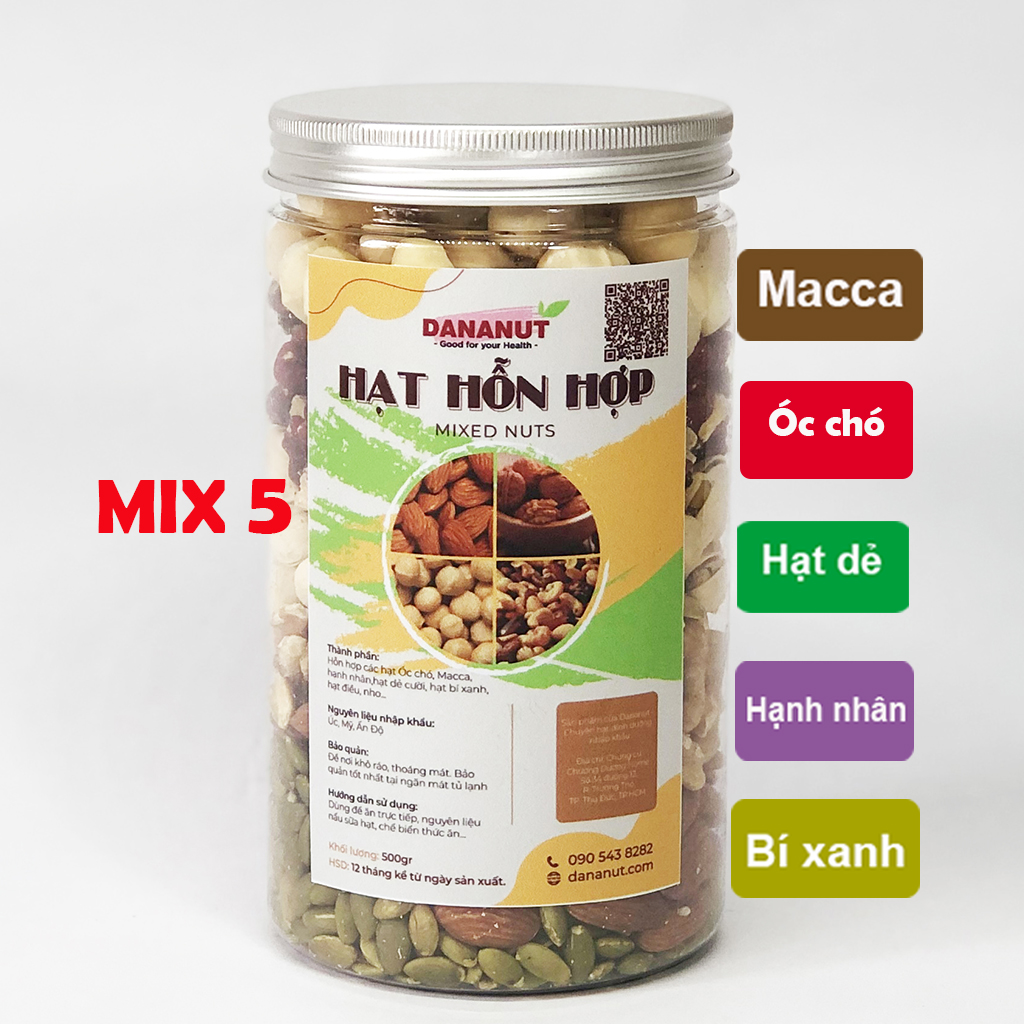 Mixed nuts 5 loại hạt dinh dưỡng nhập khẩu: Macca, óc chó, hạnh nhân, hạt dẻ, bí xanh.