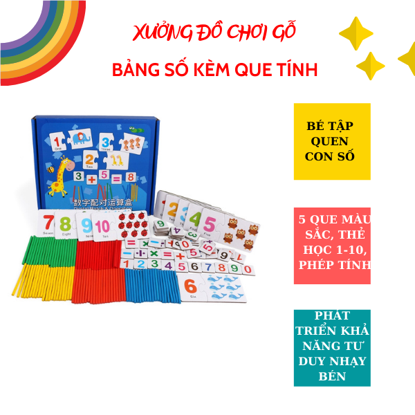Bộ học bảng số kèm que tính, phép tính, con vật, bảng con số từ 0-9 giúp bé làm quen tư duy con số