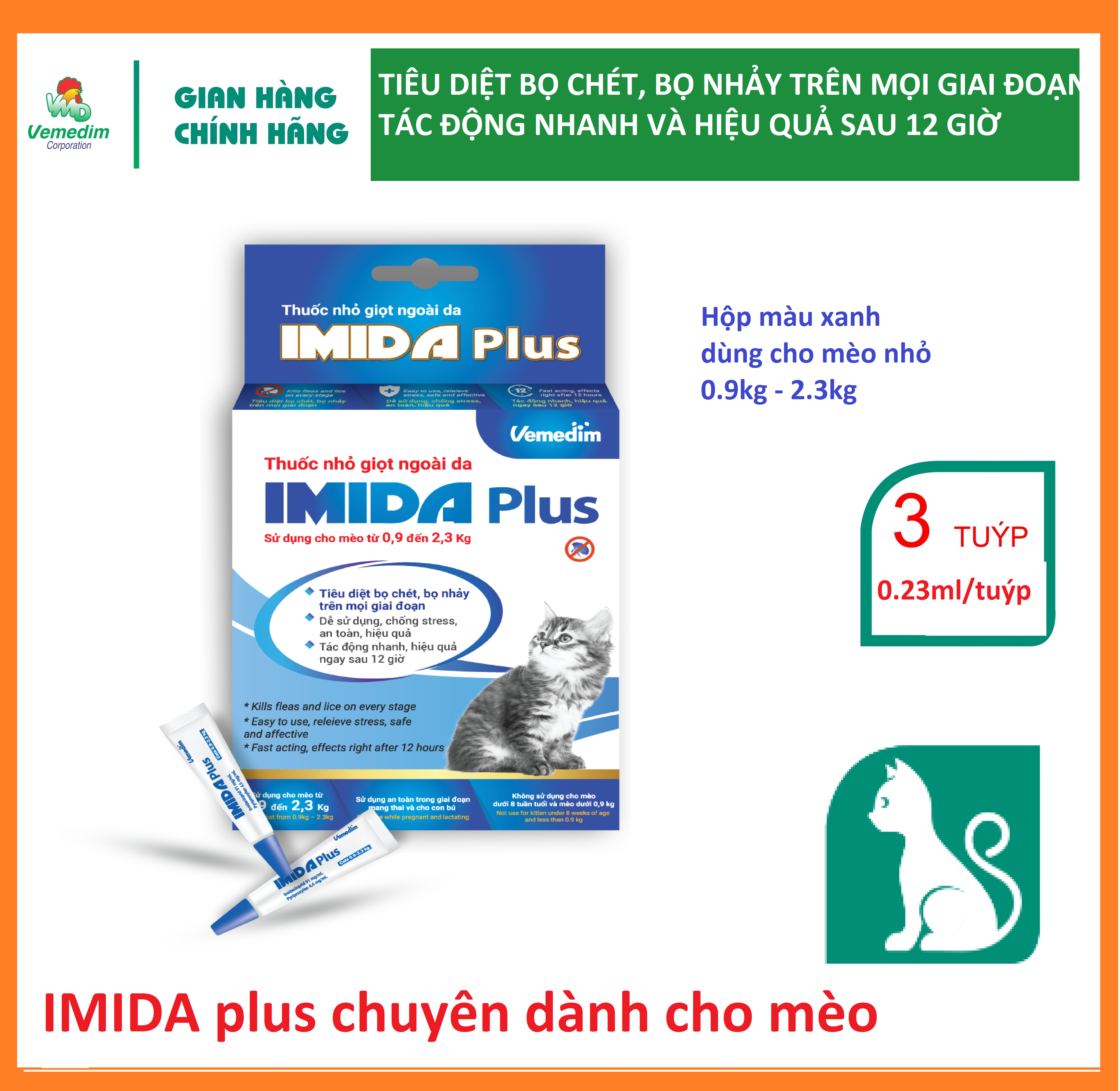 "Hoàn tiền đến 10%" Vemedim Imida Plus for cat nhỏ lên da của mèo diệt bọ chét bọ nhảy rận cho mèo t