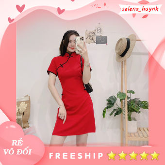 Đầm sườn xám cổ tàu màu đỏ diện tết noel