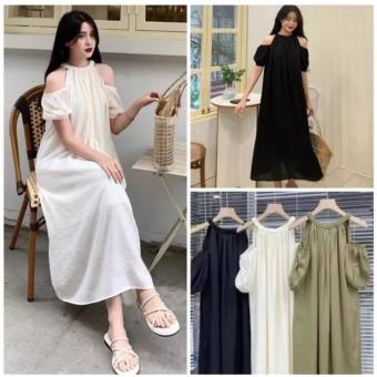 Váy suông đi biển cổ yếm cộc tay khoét vai 2 lớp đầm maxi đi biển dáng dài điệu đà