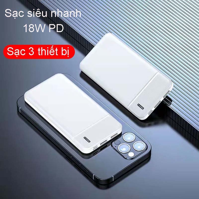 Sạc dự phòng 10000mAh dung lượng khủng, Sạc dự phòng 2 cổng USB sạc cùng lúc 2 thiết bị, Pin sạc dự phòng màu trắng 2 cổng vào Micro&Type-c và 2 cổng ra USB