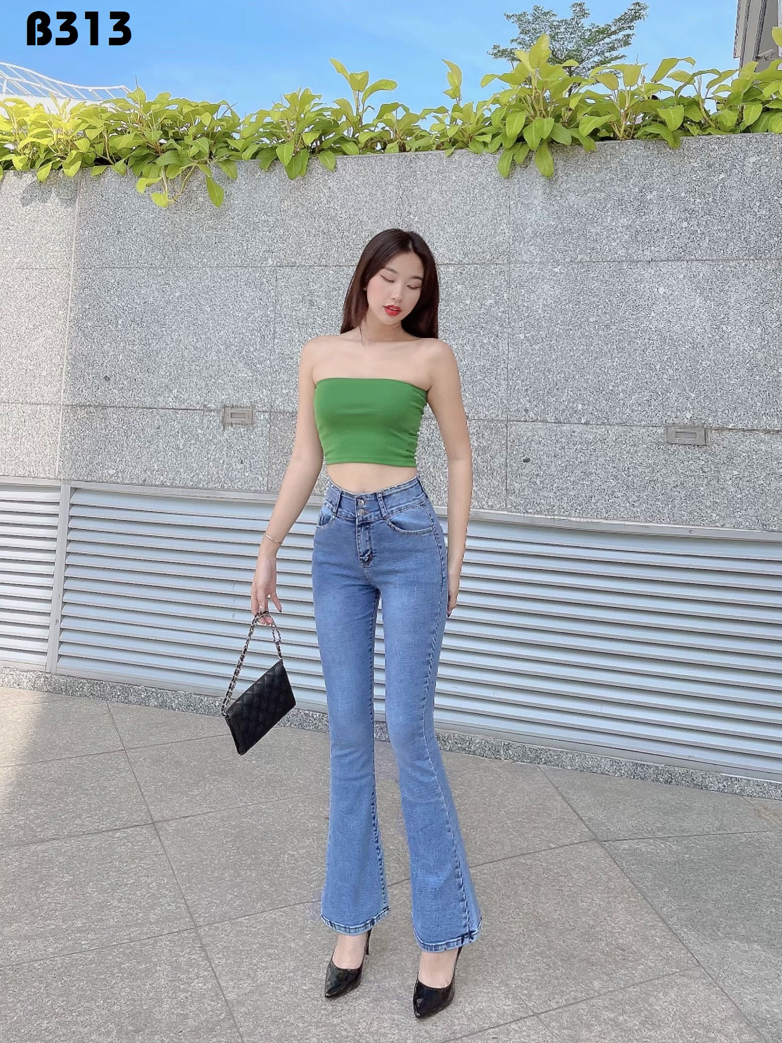 Quần jean nữ loe lưng cao 2 nút màu xanh bạc B313