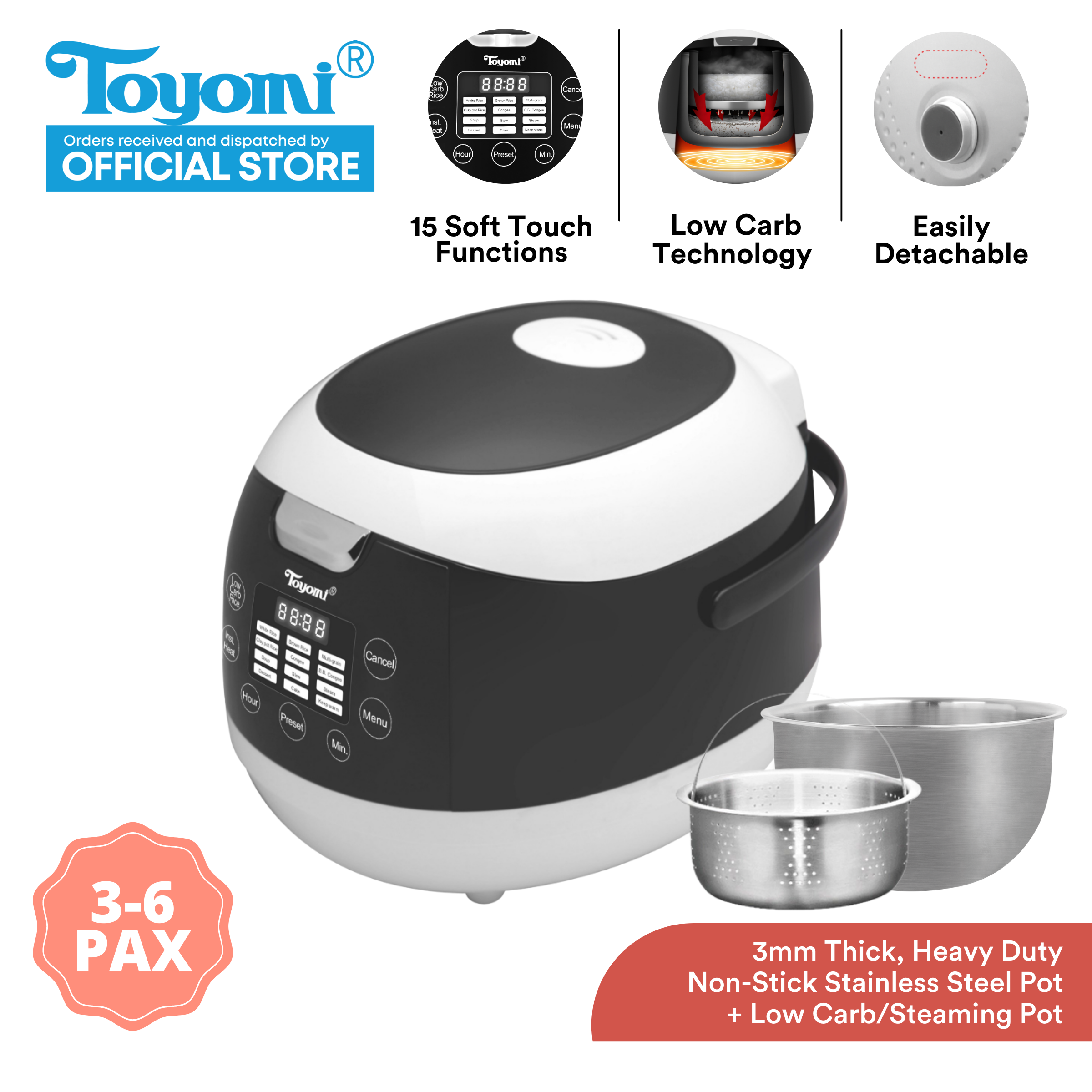 Toyomi 0.8L Electric Rice Cooker & Warmer with Stainless Steel Inner Pot RC  801SS