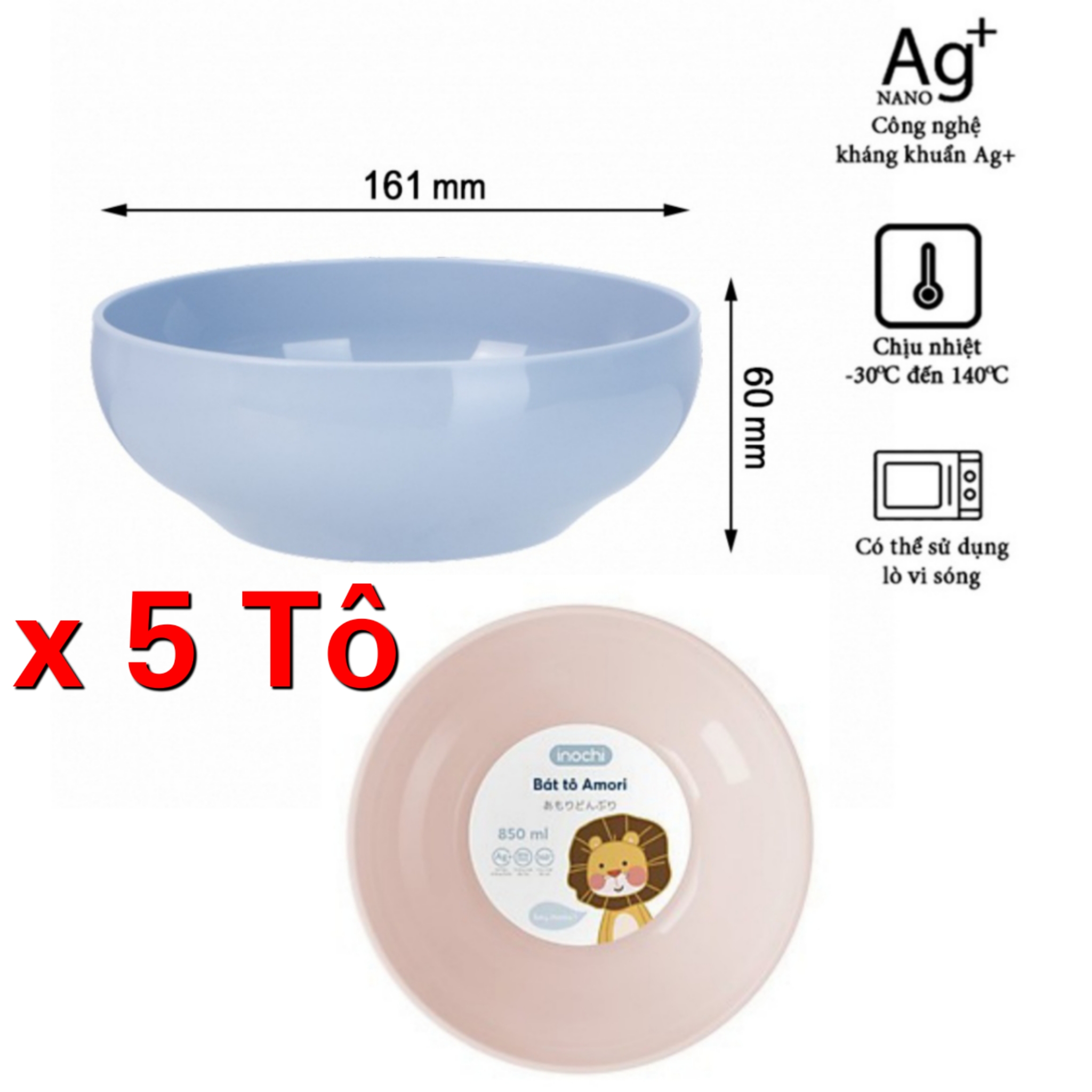 Combo 5 Bát tô nhựa PP nguyên sinh inochi Amori 850ml kháng khuẩn, bát chén nhựa cao cấp inochi ,bát chén nhựa