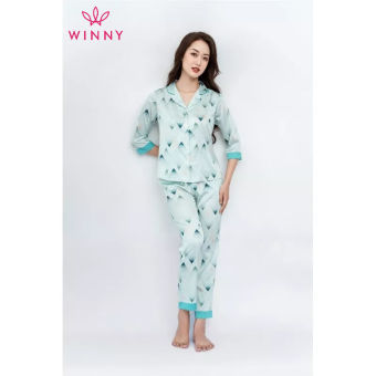 WINNY - Bộ đồ lụa tay lỡ quần dài mặc nhà họa tiết trơn 1MNSA21562L