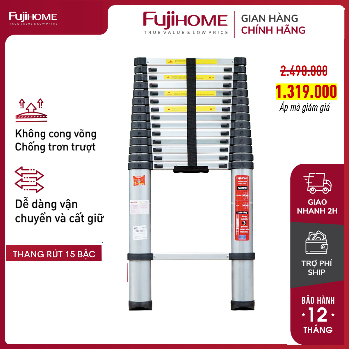 Thang nhôm rút đơn 3,8M- 4,4M- 5M gấp gọn chính hãng Nhập Khẩu FUJIHOME ,thang rút xếp gọn gia đình đa năng -BẢO HÀNH 1 NĂM