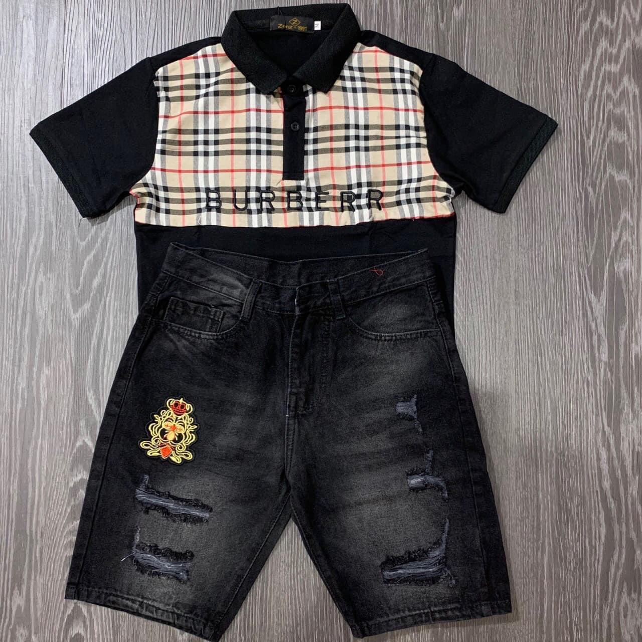 Quần short jean nam phối logo cao cấp rách nhẹ vải cao cấp co giản hàng shop